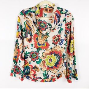 Tory Burch Stephanie Floral Tunic Blouse Clear Sequins V Neck Bell Sleeve.